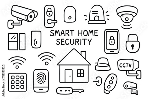 Smart Home Security Icons. Hand-drawn doodle illustration Smart home security Security camera, smart lock, alarm bell, motion sensor, smartphone, window