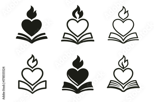 Catholic Education Logos. Catholic education. Set Logo of Catholic education: sacred heart with book. harmonious logo variations of the same emblematic