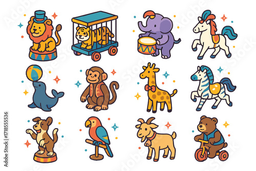 Circus Animal Parade. Colorful isometric vector icons set of circus animals in parade: lion with hat, tiger in a cage cart, elephant with drum, white horse