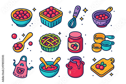 Berry-Themed Kitchen Icons. Colorful isometric vector icons set of Berry-themed kitchen items: cranberry bowl, berry basket, berry whisk, cranberry strainer,