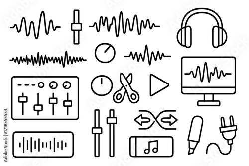 Audio Editing Icons. Hand-drawn doodle illustration Sound mixing and editing waveform, fader, knob, sound wave, headphones, monitor screen, soundboard, audio