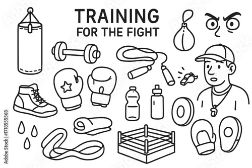 Boxing Training Gear. Hand-drawn doodle illustration Training for the Fight [punching bag, speed bag, dumbbell, jump rope, gloves, shoes, coach, whistle, water