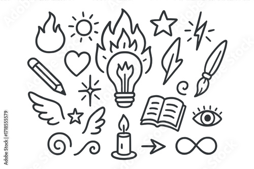 Inspiration Icons Doodle. Hand-drawn doodle illustration Burning inspiration flame, light bulb, heart, pencil, spark, paintbrush, book, star, swirl, wings,