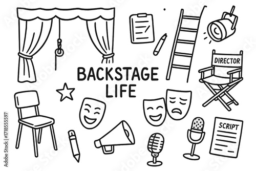 Backstage Icons Doodle. Hand-drawn doodle illustration Backstage life stage curtain, rope, pulley, ladder, spotlight, chair, clipboard, pencil, mask comedy,