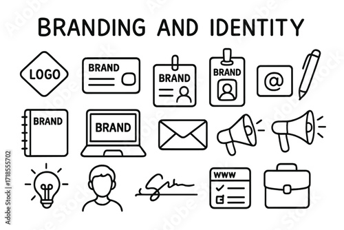 Doodle Branding Icons. Hand-drawn doodle illustration Branding and identity for personal brands [logo symbol, business card, name tag, pen, notebook, laptop,