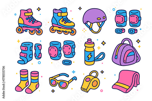 Colorful Skating Gear Icons. Skating Gear. Colorful isometric vector icons set of Skating Gear: roller skates, inline skates, helmet, wrist guards, elbow pads,