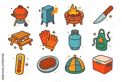 Outdoor Cooking Icons. Colorful isometric vector icons set of Outdoor Steak Cooking: barbecue grill, smoker box, fire pit, steak knife, picnic table, grill
