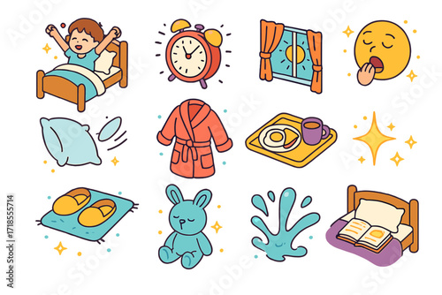 Morning Wake-Up Icons. Colorful isometric vector icons set of morning wake-up from sound sleep: stretching child in bed, alarm clock, sun through curtains,