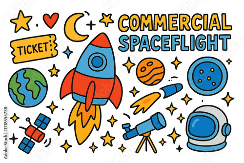 Colorful Space Adventure Doodles. Commercial spaceflight. Colorful Hand-drawn doodle Children illustration rocket, ticket, globe, astronaut helmet, star, moon,