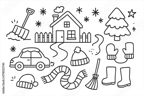Snowy Neighborhood Doodles. Hand-drawn doodle illustration Baking with kids [child figure, cookie, mixing bowl, whisk, spoon, spatula, rolling pin, cookie