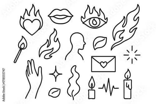 Passionate Symbols. Hand-drawn doodle illustration burning desire flame, heart, lips, matchstick, eye, fire trail, silhouette, love letter, rose petal, hand