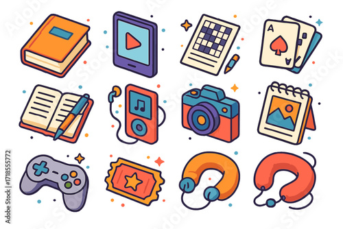 Train Ride Entertainment Icons. Colorful isometric vector icons set of Train Ride Entertainment: paperback book, tablet screen, crosswords sheet, playing