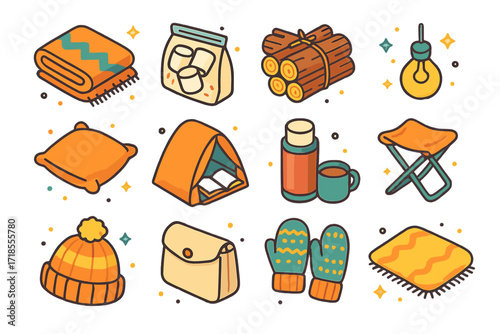 Cozy Camping Icons. Colorful isometric vector icons set of cozy camping details: fuzzy blanket, marshmallow bag, firewood bundle, hanging lightbulb, camp