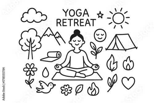 Yoga Retreat Icons. Hand-drawn doodle illustration yoga retreat in nature person meditating, mountain, tree, sun, cloud, star, tent, yoga mat, flower, bird,