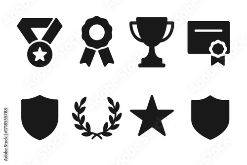 Black Honor Icons Grid. Solid, filled icon set of duty badges and honors: medal, ribbon, trophy, certificate, badge, laurel wreath, star, shield. Solid, filled