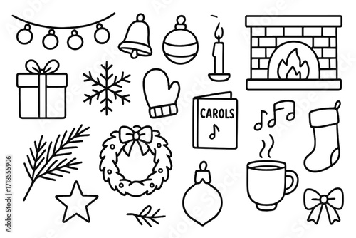 Festive Winter Doodle. Hand-drawn doodle illustration festive winter evening string lights, bell, ornament, fireplace, wrapped gift, snowflake, mitten, carol