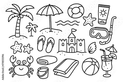 Beach Vacation Doodles. Hand-drawn doodle illustration Beach Vacation palm tree, beach umbrella, swim ring, starfish, waves, flip flops, sandcastle, sunscreen,