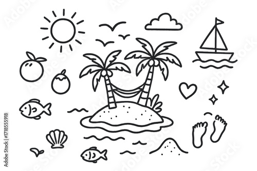 Island Paradise Doodles. Hand-drawn doodle illustration Island paradise with palm trees [palm tree, coconut, hammock, sun, wave, cloud, boat, bird, shell,