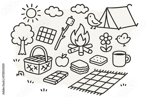 Outdoor Picnic Essentials. Hand-drawn doodle illustration Outdoor picnic with s?mores [picnic basket, marshmallow stick, chocolate bar, cracker, campfire,