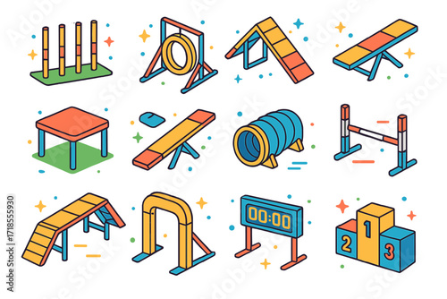 Dog Agility Icons. Colorful isometric vector icons set of dog agility course: weave poles, tire jump, A-frame ramp, dog walk plank, pause table, see-saw,