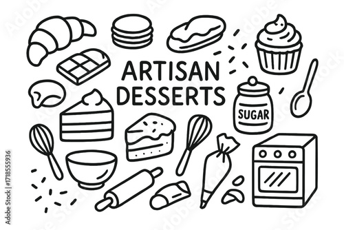 Artisan Dessert Doodles. Hand-drawn doodle illustration Artisan desserts, croissant, macaron, eclair, cupcake, cake slice, chocolate bar, whisk, rolling pin,