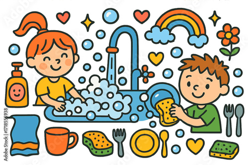 Kitchen Sink Fun. Colorful Hand-drawn doodle Children illustration Kitchen Water Fun sink, faucet, bubbles, soap bottle, sponge, towel, cup, plate, fork,