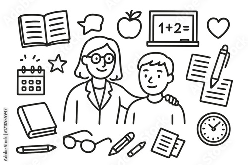 Teacher's Mentorship Icons. Hand-drawn doodle illustration teacher mentorship teacher figure, student figure, notebook, chalkboard, apple, star, heart, speech