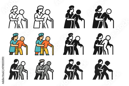 Elder Care Logo Variations. Set Logo of Elderly Care and Support: Nurse helping elder. Logo set in vector style, emblematic variations. line, bold thick line,