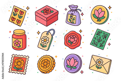 Floral Packaging Icons. Colorful isometric vector icons set of Floral Packaging Elements: tulip pattern paper, rose-themed box, lavender sachet, magnolia print