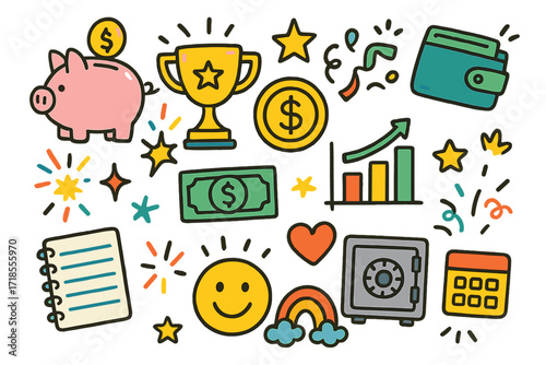 Celebrating Budget Success. Colorful Hand-drawn doodle Children illustration Budget Success Celebration [piggy bank, trophy, wallet, coin, dollar bill, chart,
