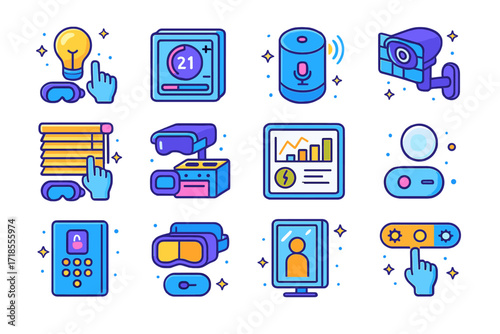 Colorful Smart Home Icons. Colorful isometric vector icons set of VR Smart Home Prototyping: smart light control, thermostat panel, voice assistant hub,