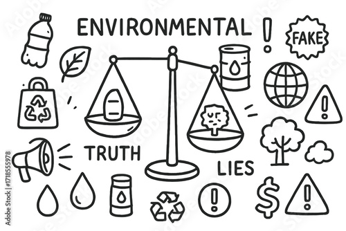 Environmental Balance Doodle. Hand-drawn doodle illustration environmental truth vs lies scales, leaf symbol, plastic bottle, oil barrel, recycling bin, globe,