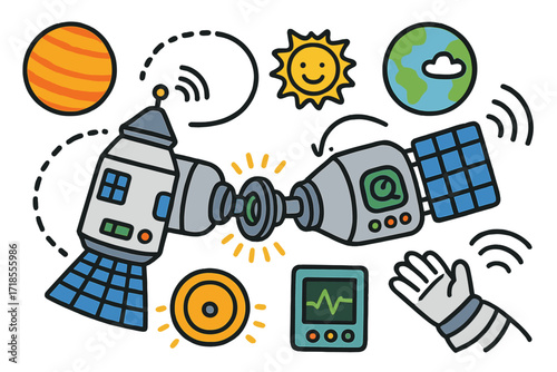 Space Capsule Adventure. Colorful Hand-drawn doodle Children illustration Space capsule approach capsule, antenna, blinking lights, solar wings, planet,