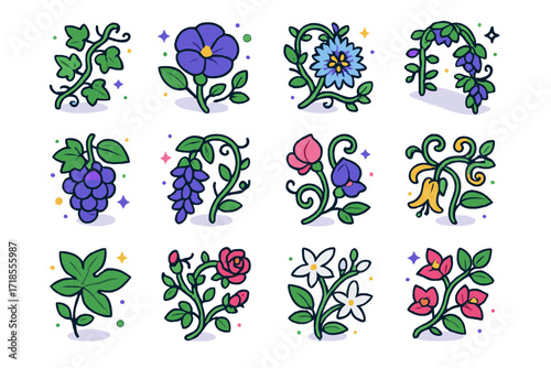 Colorful Climbing Plants Icons. Colorful isometric vector icons set of climbing and vining plants: ivy trail, morning glory bloom, passionflower vine, clematis