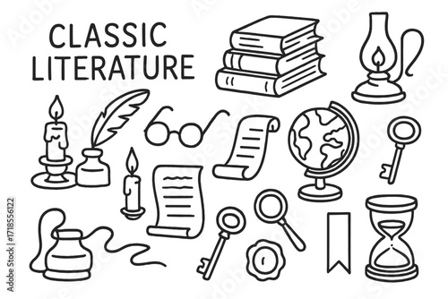 Literary Icon Doodles. Hand-drawn doodle illustration Classic literature, book stack, feather quill, ink bottle, candle, glasses, parchment, scroll, globe,