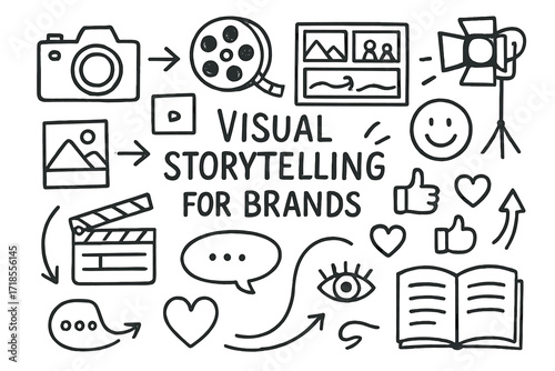 Visual Storytelling Elements. Hand-drawn doodle illustration Visual storytelling for brands camera, film reel, storyboard frames, photo, clapperboard, smiling