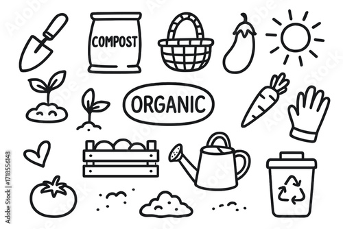 Organic Farming Doodles. Hand-drawn doodle illustration Organic farming tools trowel, compost bag, basket, eggplant, sprout, crate, organic label, carrot, sun,
