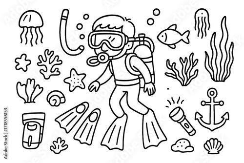 Underwater Doodle Icons. Hand-drawn doodle illustration diver underwater scuba mask, snorkel, fins, wetsuit, oxygen tank, bubbles, coral, fish, seaweed,