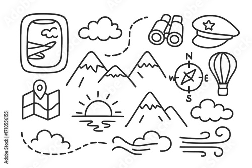 Air Travel Doodles. Hand-drawn doodle illustration [air travel over nature] [plane wing, mountain range, cabin window, cloud puff, sky trail, binoculars, pilot