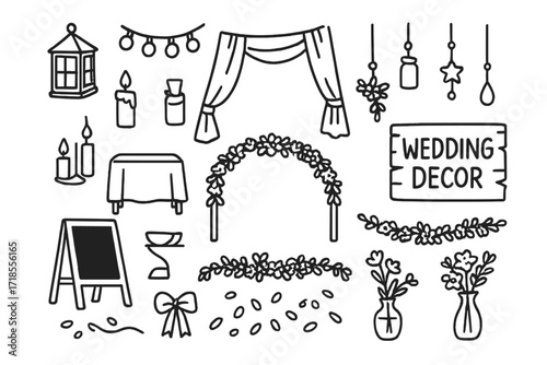 Wedding Decor Doodle. Hand-drawn doodle illustration Wedding Decor lantern, fairy lights, drapes, candles, mason jars, floral arch, table runner, garland,
