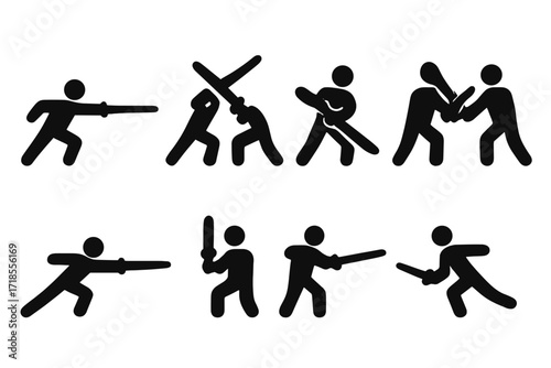 Sword Fighting Icons. Solid, filled icon set of sword fighting moves: thrust, slash, parry, block, riposte, lunge, guard, feint. Solid, filled icons in only
