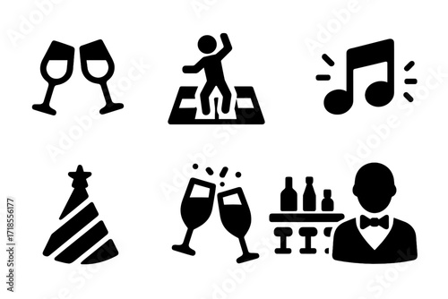 Party Icons Collection. Solid, filled icon set of salt rim party and events: clinking glasses, dance floor, music note, neon light, party hat, celebration