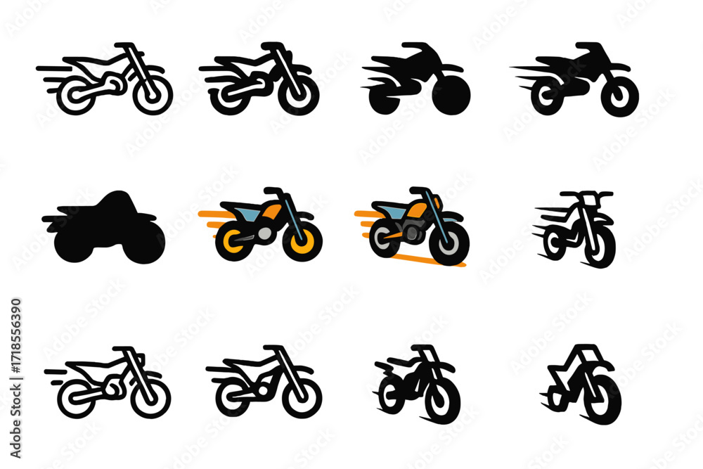 Naklejka premium Dynamic Motocross Logo Set. Set Logo of Fast-Paced Sports: speeding motocross bike. Logo set in vector style, emblematic variations. line, bold thick line,