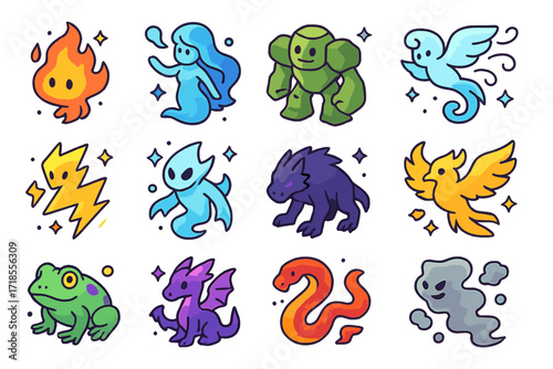 Fantasy Elemental Icons. Colorful isometric vector icons set of fantasy elemental creatures: fire spirit, water nymph, earth golem, air sprite, lightning