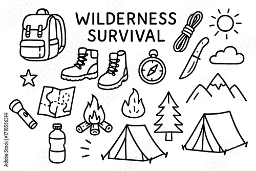 Wilderness Survival Icons. Hand-drawn doodle illustration Wilderness Survival [backpack, boots, knife, rope, compass, map, campfire, tent, flashlight, water