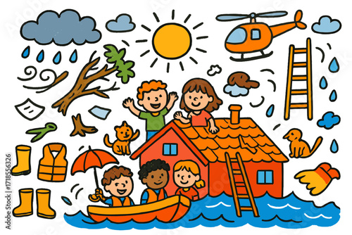 Children's Storm Adventure. Colorful Hand-drawn doodle Children illustration Storm Aftermath rooftops, broken tree, water waves, flying paper, life jacket,