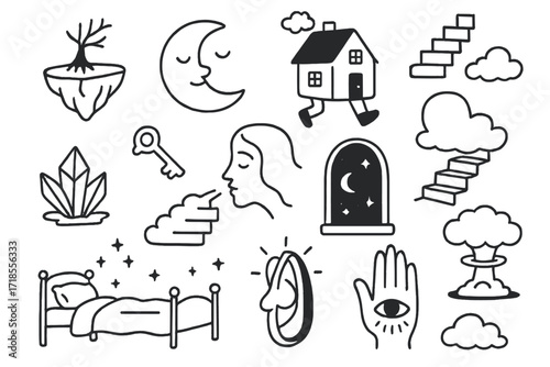 Surreal Dream World. Hand-drawn doodle illustration Dream World floating island, sleeping moon, walking house, stairs in sky, upside-down tree, flying key,