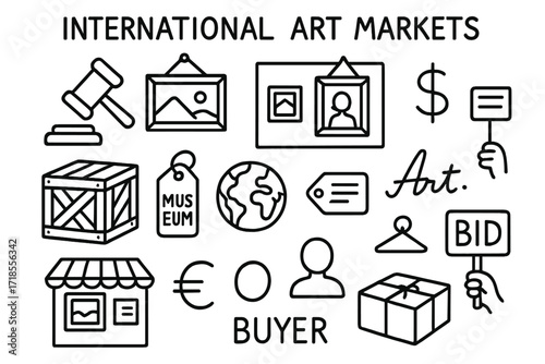 Art Market Doodle Icons. Hand-drawn doodle illustration International art markets [auction gavel, painting, gallery wall, dollar sign, crate, museum tag, world