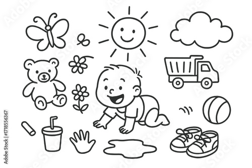 Toddler's Playful Doodle. Hand-drawn doodle illustration Toddler chalk playtime [chalk stub, crawling child, big smile, teddy bear, butterfly, toy truck,