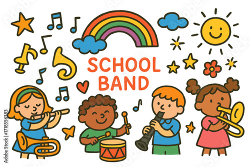 Colorful School Band Doodles. Colorful Hand-drawn doodle Children illustration School Band [flute, trumpet, drum, clarinet, trombone, music note, rainbow,